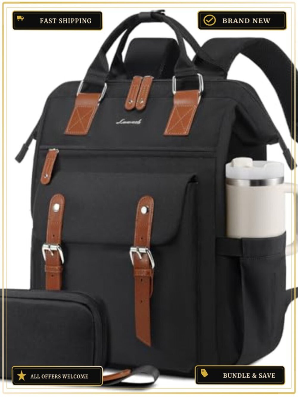 Fashion Laptop Backpack for Women, Waterproof Travel Work Bag with Cup Holder,